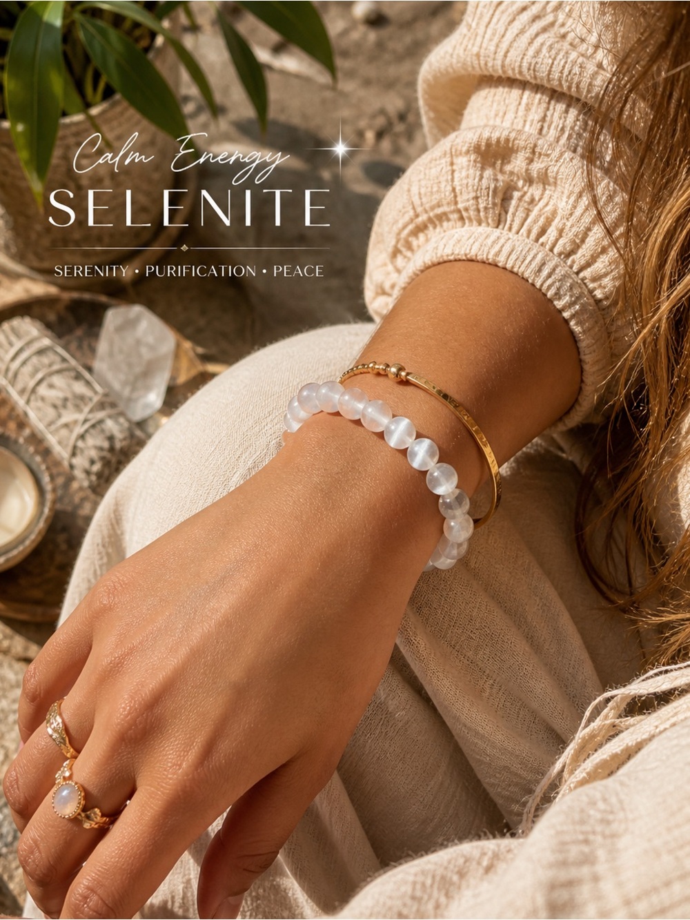 Selenite Beaded Bracelet Crown Chakra Healing Stone Serenity Peace Energy